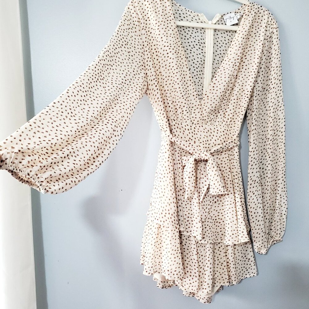 Polly Cream Polka Dot Wrap Romper Dress Sz US 10 Boho Ruffle Mini Tie Waist - Picture 2 of 11